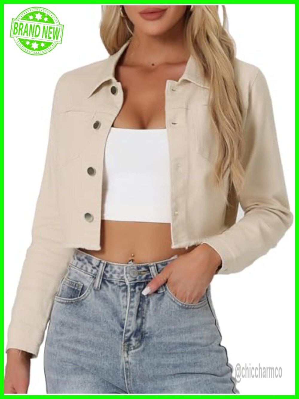Cropped Denim Jacket Frayed Hem Button Up Long Sleeve Jean Jacket